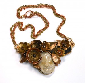 Ceramic Face, Metal Flowers necklace 1